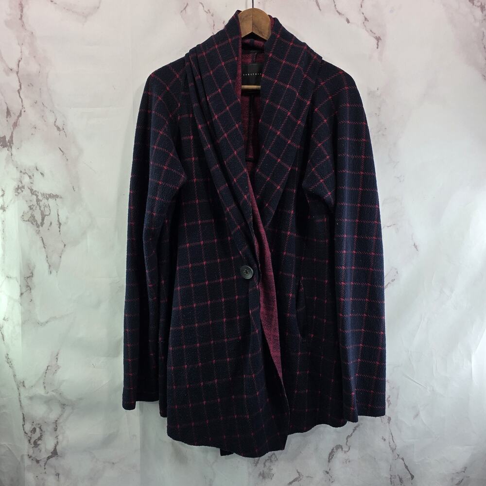 Anthropologie Cardigan Womens Small Red Navy Windowpane Sanctuary Plaid Button